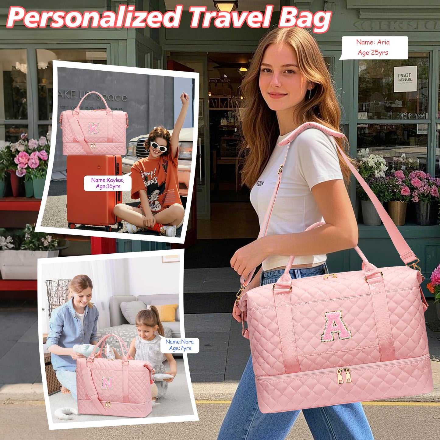 Gifts for Women Teen Girls Birthday Initial Travel Duffle Bag Quilted Weekender Bags Carry-On Overnight with Cosmetic Bag, Gym Bag with Shoe Compartment, Pink-R
