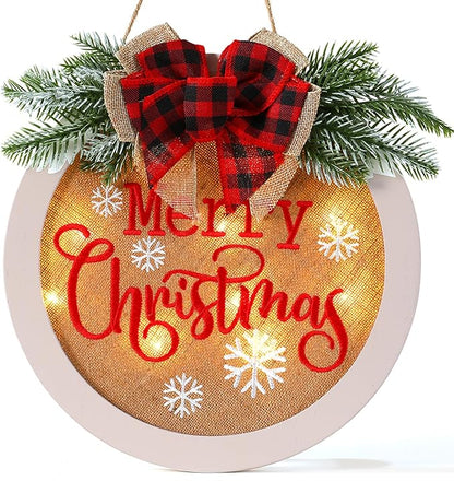 HOMCDALY Merry Christmas Welcome Sign for Front Door, Winter Merry Christmas Wreath with Light, Farmhouse Door Decoration Wooden Hanging Sign, Christmas Decoration (F-Xmas-White)