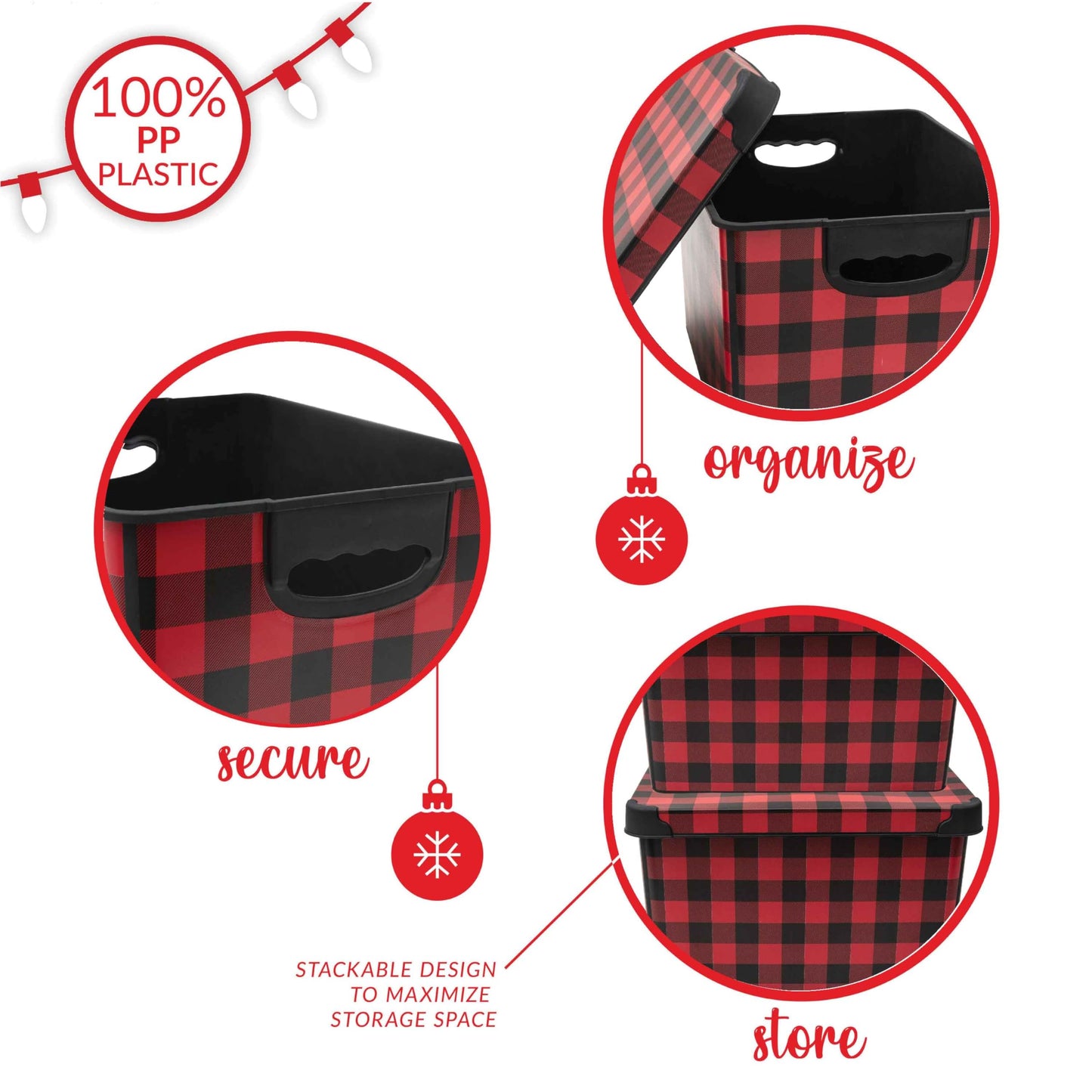 Simplify Checkered Design Storage Bin | Christmas Tote | Holiday Décor Decorations Organizer | Buffalo Plaid Design | Lidded | Stackable | Black and Red
