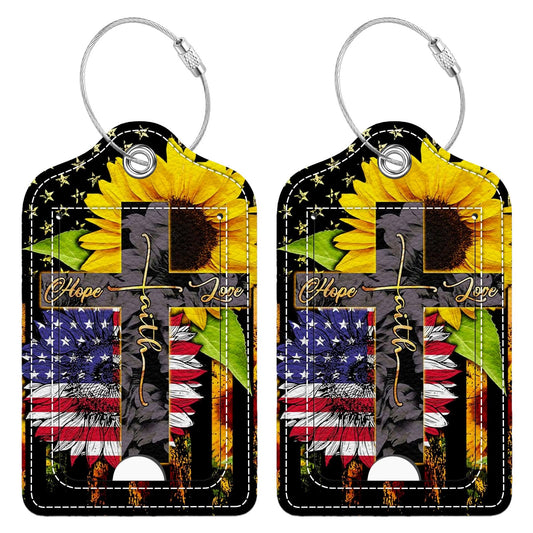 2 Pcs Luggage Tag for Suitcase, Cross American Flag Sunflower Unique Leather Suitcase Tags with Full Privacy Cover Stainless Steel Loop for Women Men Travel Baggage Bag Backpack