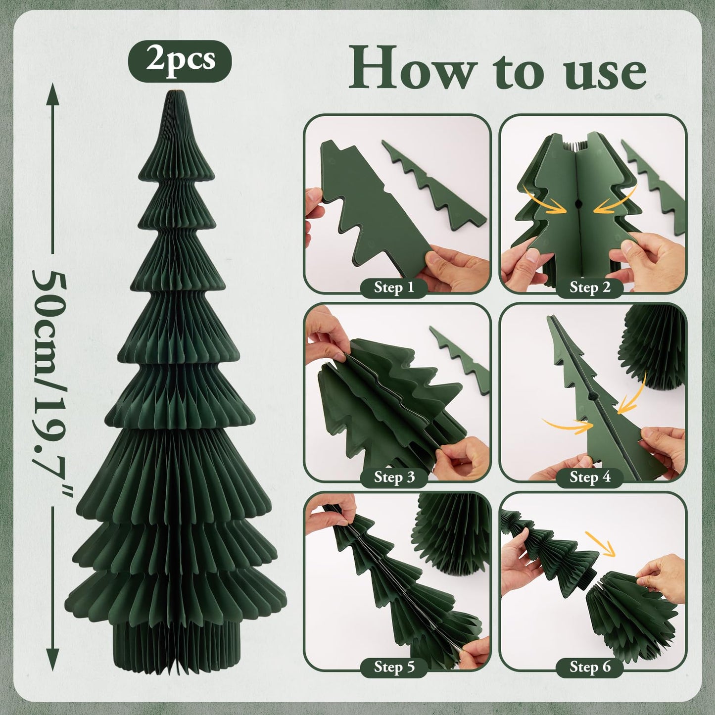 OBBOLO 20 Inch Green Paper Christmas Tree, 2 Pcs Foldable Honeycomb Tabletop Christmas Decorations with Magnetic Closure, Reusable Paper Trees for Holiday Table Centerpieces and Mantel