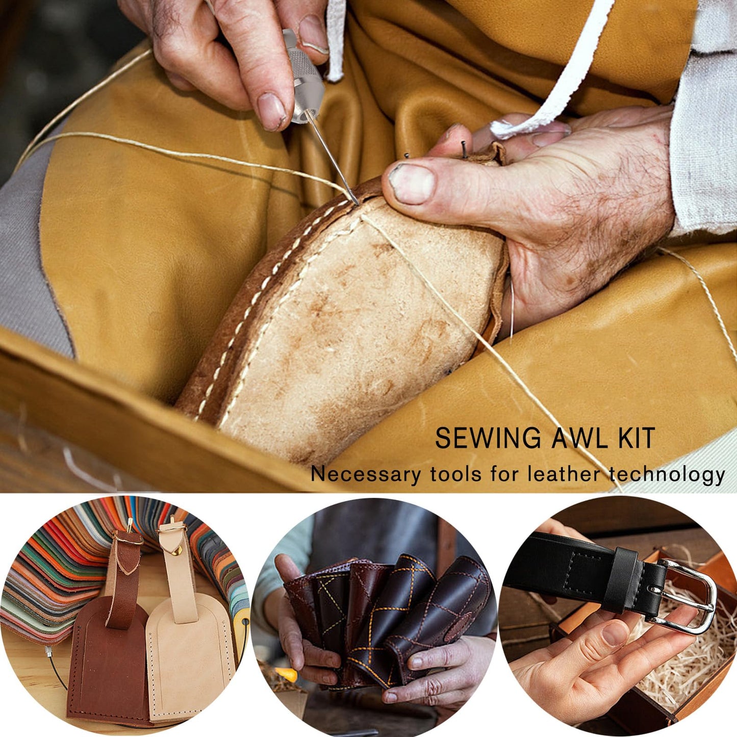 GTAAOY Professional Sewing Awl Kit, Portable Leather Sewing Awl Thread Kit with Straight Bent Needles Rolls Waxed Threads Small Screwdriver Yarn Scissors Needle Threader Tape Measure for DIY Craft