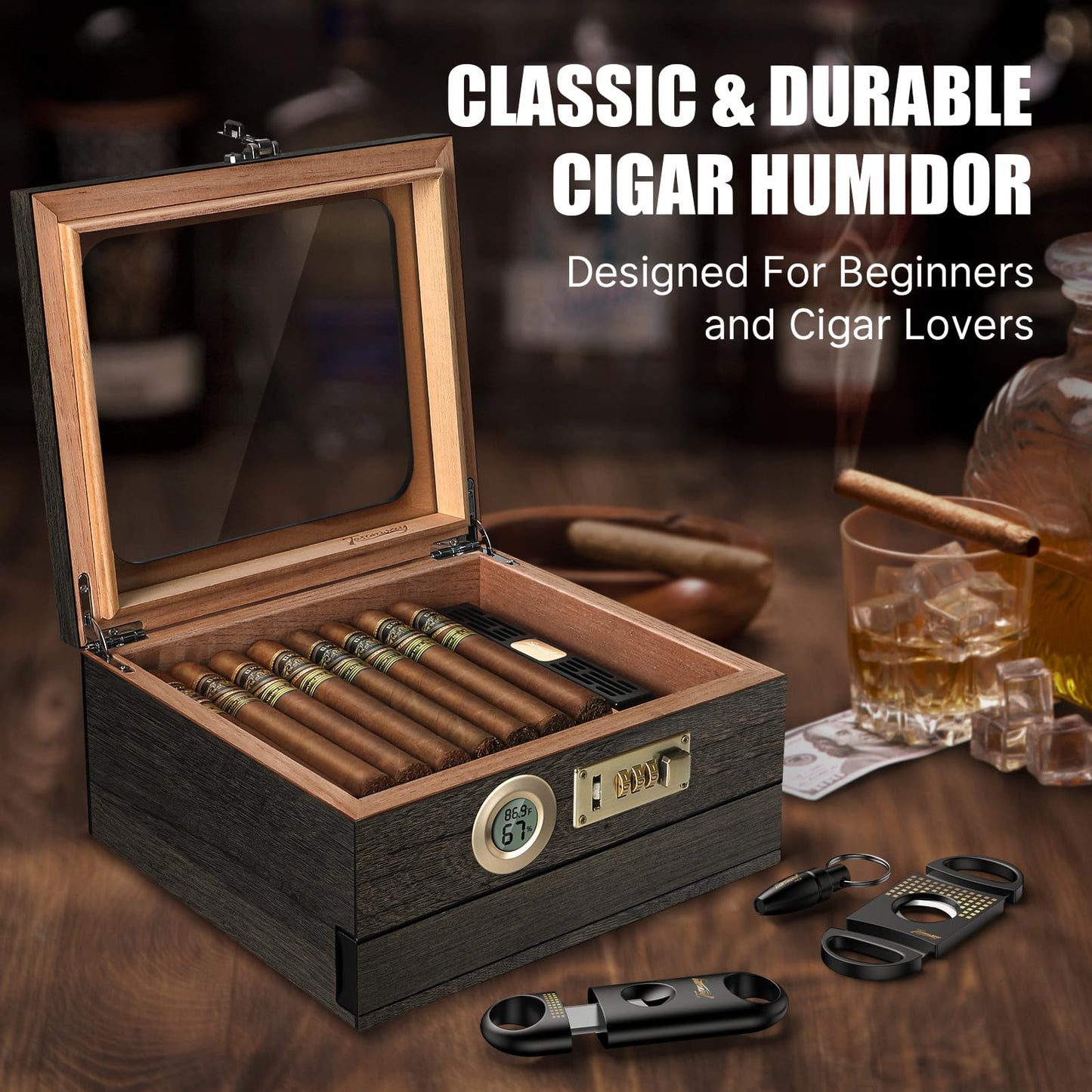 Tesonway Cigar Humidor,Cedar Wood Humidor Cigar Box,Glass Top Desktop Humidor with Digital Thermo-Hygrometer, Humidifier, Divider, Accessories Drawer and Combination Lock,Cigar Gift for Men