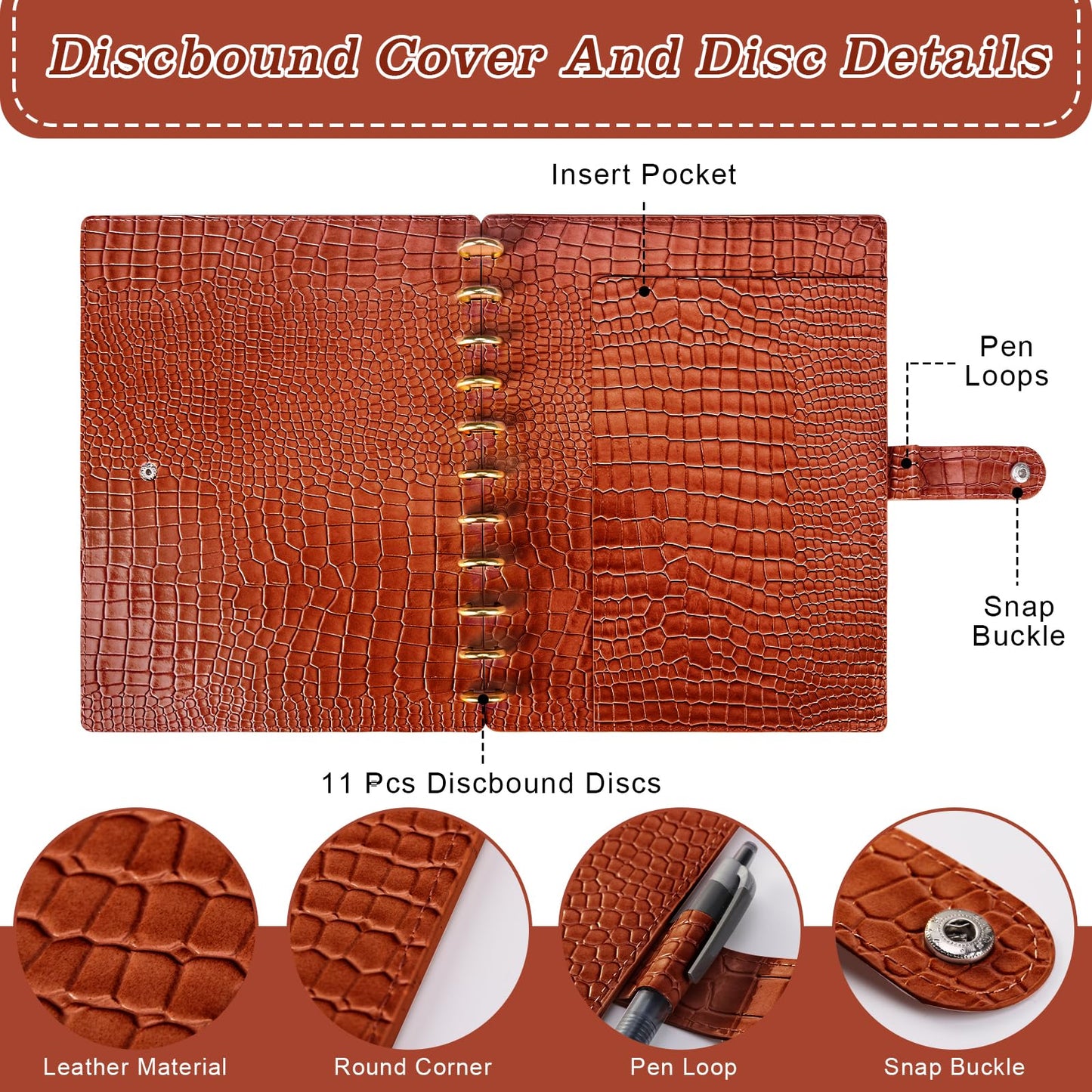 PU Leather 8.5*11in Discbound Cover And Disc Set with 11 Pcs Discbound Discs 1in Disc Bound Notebook Accessories Discbound Planner Cover Notebook Planner System For office(Not including book) (Brown)