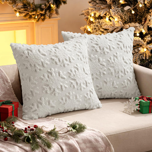 MIULEE Christmas Snowflake Decorative Throw Pillow Covers Set of 2,Soft Fluffy Faux Wool Winter Holiday Couch Pillows for Farmhouse Boho Home Decor Sofa Bed Porch Living Room 18x18 Inch Pure White