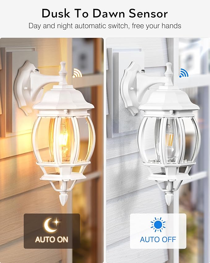 VIANIS White Porch Lights Outdoor, 2 Pack Dusk to Dawn Exterior Lighting Fixtures for House, Modern Outdoor Wall Sconce Lantern for Patio Coach, Anti-Rust Waterproof Outdoor Garage Lights Wall Mount