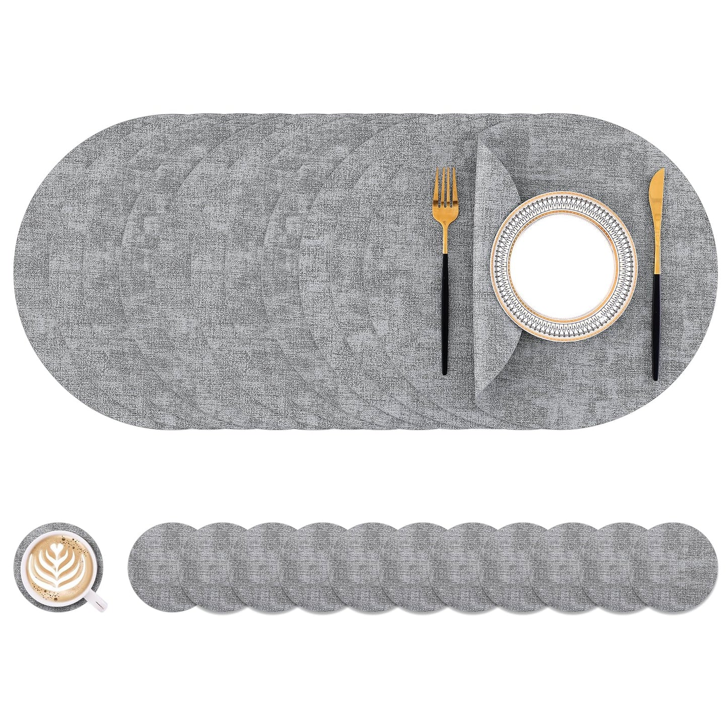 Homaxy Round Faux Leather Placemats and Coasters, Washable Dual-Side Table Mats, Wipeable Heat-Resistant Dining Place Mats for Outdoor and Indoor, Set of 12, Diameter 13 and 3.93 inch, Light Grey