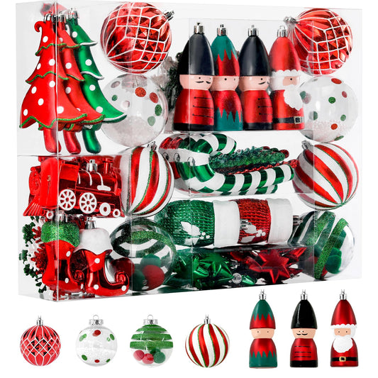 Alupssuc 95pcs Christmas Balls Ornaments Set, Shatterproof Plastic Baubles, Soldiers, Christmas Socks for Xmas Tree Holiday Wedding Party Decorations with Hanging Strings, White, Red and Green