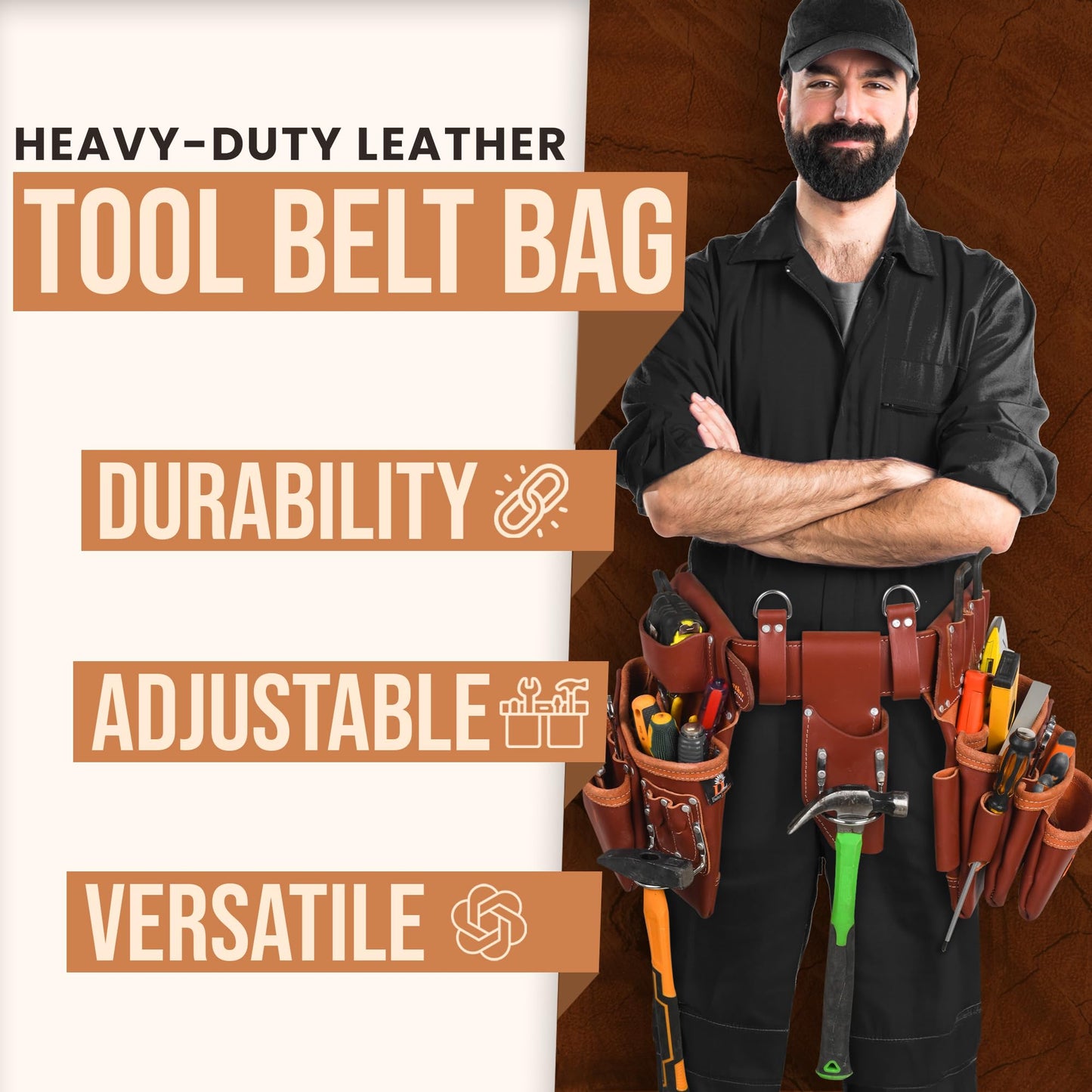Daisy Leather PRO DL-101 Oil tanned Premium 25 pockets Heavy duty Tool Belt, Carpenter belt Pouch for Construction, Carpenter, Craftsman and Electricians workers, Black, X-Large (Cherry Leather)