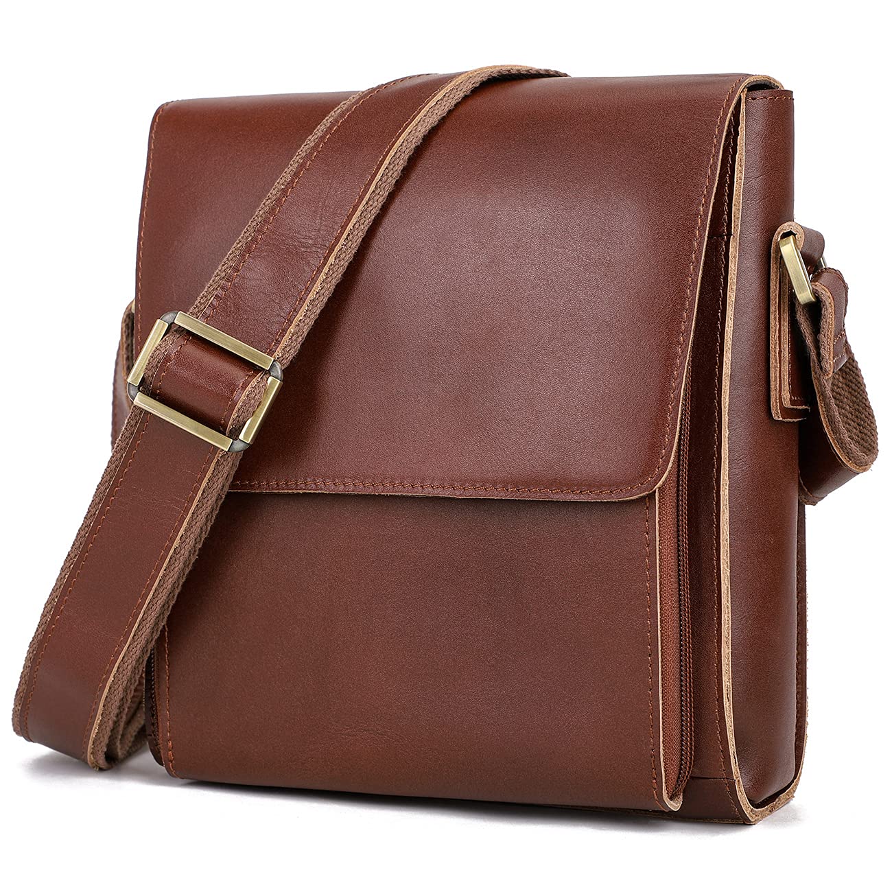 Augus Leather Messenger Shoulder Crossbody Bag for Men Work Business Vintage Magnetic Buckle Big Capacity Adjustable straps (Brown red)