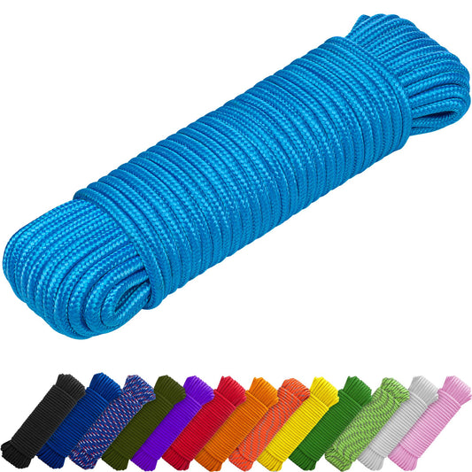 TECEUM Rope – 90 Feet x 1/4 Inch (7mm) – Sky Blue – Strong All-Purpose Utility Rope – Camping, Crafting, Flag Pole, Indoor & Outdoor – Polypropylene Nylon Poly Lightweight Diamond Braided Cord
