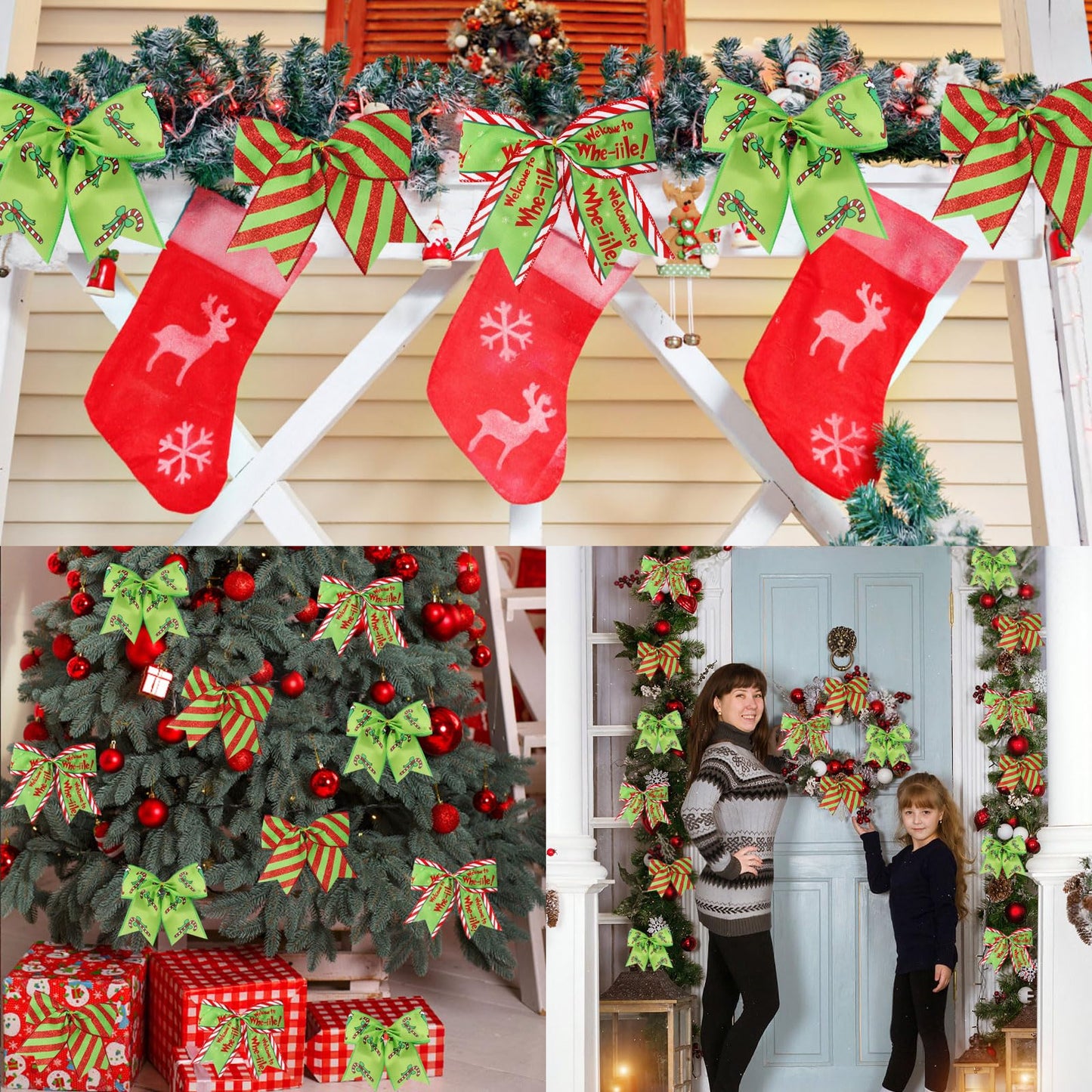 Wninbu 12 Pcs Red Green Christmas Bows,6 Inch Large Wreaths Bows for Tree Gift Wrapping Garland,Christmas Decoration Holiday Party Crafts Xmas Tree Ribbon Ornaments (Pattern)