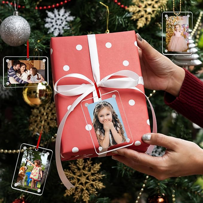 Christmas Photo Ornament Set of 4, 2x3'' Iridescent Acrylic Hanging Picture Frame for Family Photo, Christmas Tree, Holiday Decoration, Multifunctional Magnetic Picture Frames for Car and Fridge Decor