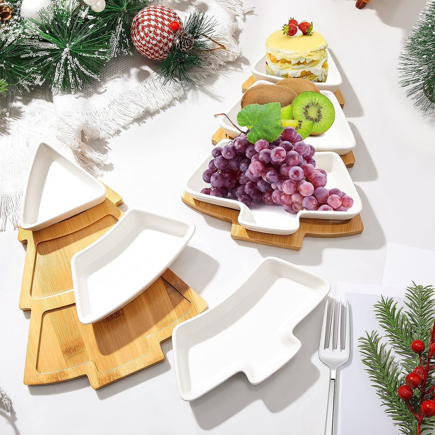 JiabaoPC 10.8 Inches Snack Appetizer Trays Set, Christmas Tree Dessert Serving Dishes, Snack Platter, 3 pcs Removable White Porcelain Plates with Bamboo Tree Tray,Thanksgiving and Christmas
