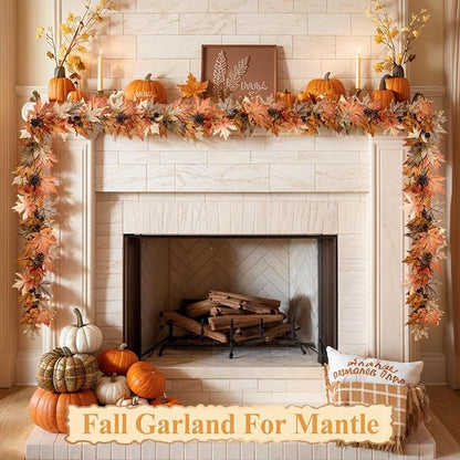 6 FT Fall Garland with Lights Timer Function Fall Leaves Garland with Berries Pine Cones Realistic Autumn Automatic ON/Off Timer Fall Decorations for Home Mantle Fireplace Porch Table