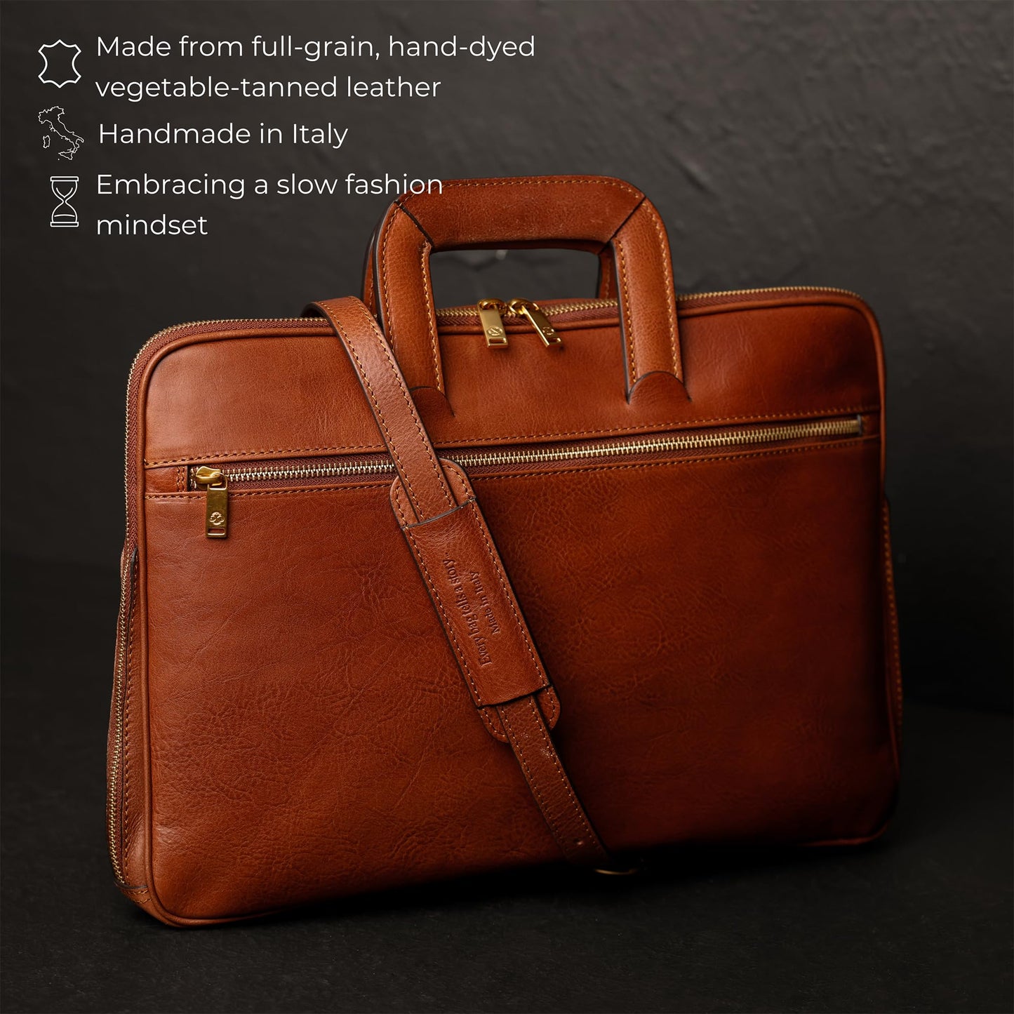 Time Resistance Slim Leather Briefcase - Italian Handmade Leather Laptop Bag for Men and Women (Cognac Brown)