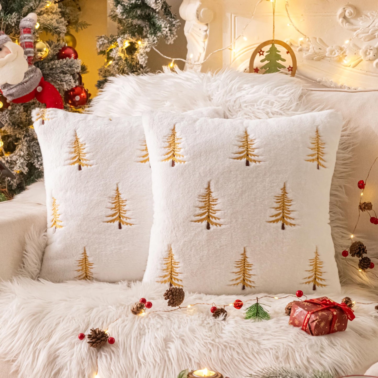 AQOTHES Christmas Tree Gold Throw Pillow Covers 18x18, Soft Faux Fur Embroidered Throw Pillows for Couch Sofa Cushion Covers Holiday Home Decor