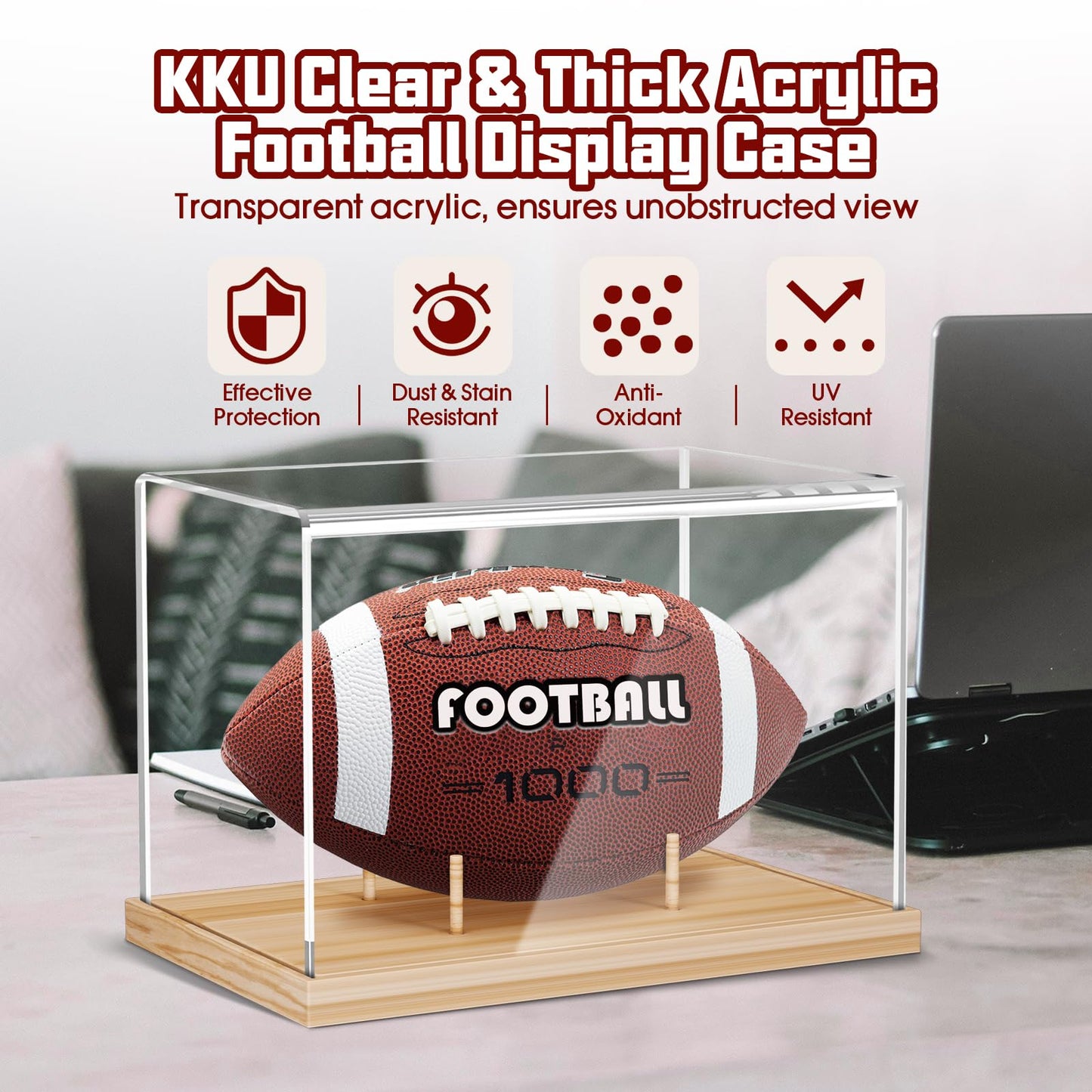 KKU Football Display Case, Acrylic Football Case with Wooden Base One-piece Design, Autographed Football Holder for Football Fans & Collectors, Sports Collectibles, No Assembly Required - Original