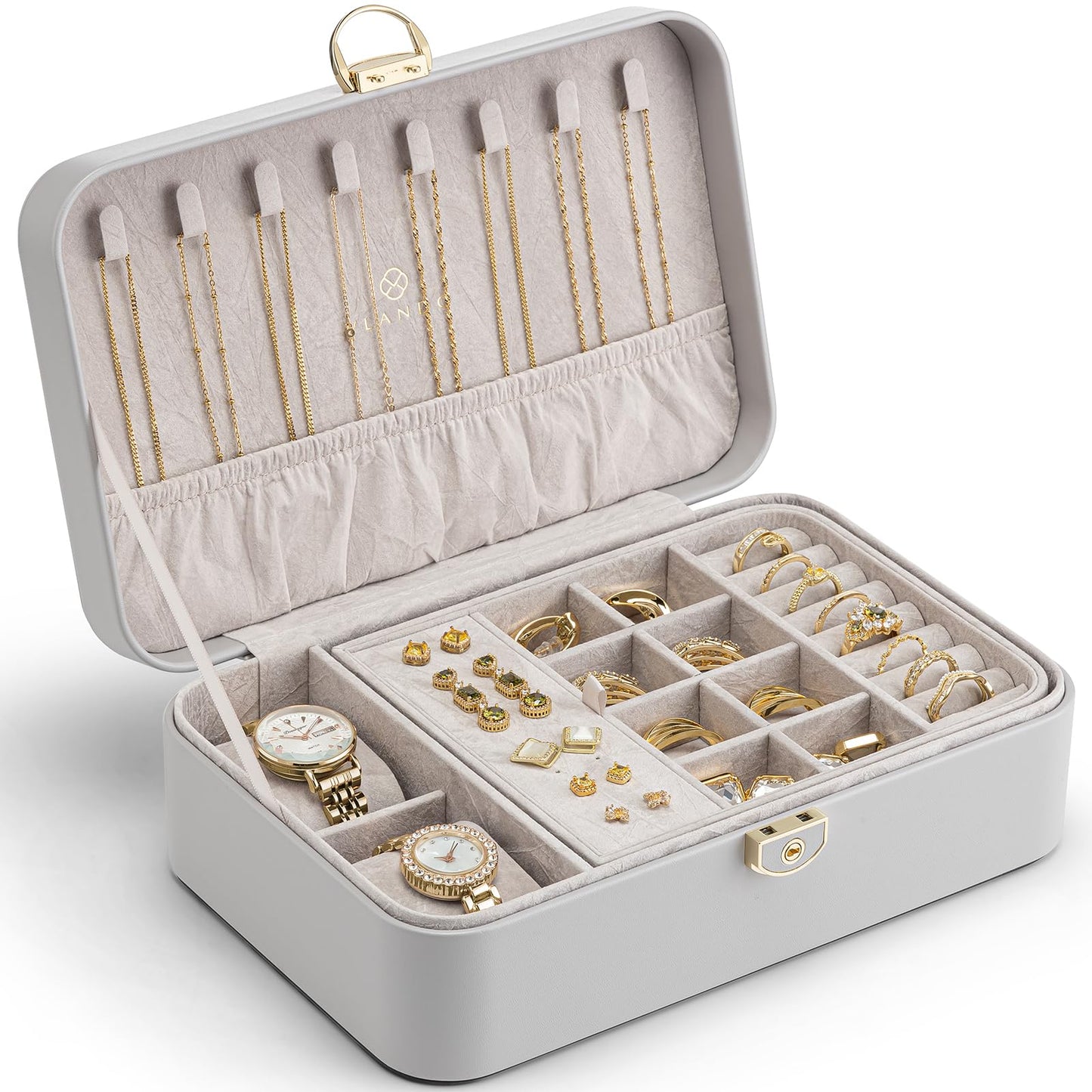 VLANDO 2 Layer Jewelry Box,Jewelry Organizer Storage Lockable Earring Organizer Removable Jewelry Tray with Watch Pillow for Neckable Ring Bracelets-Grey