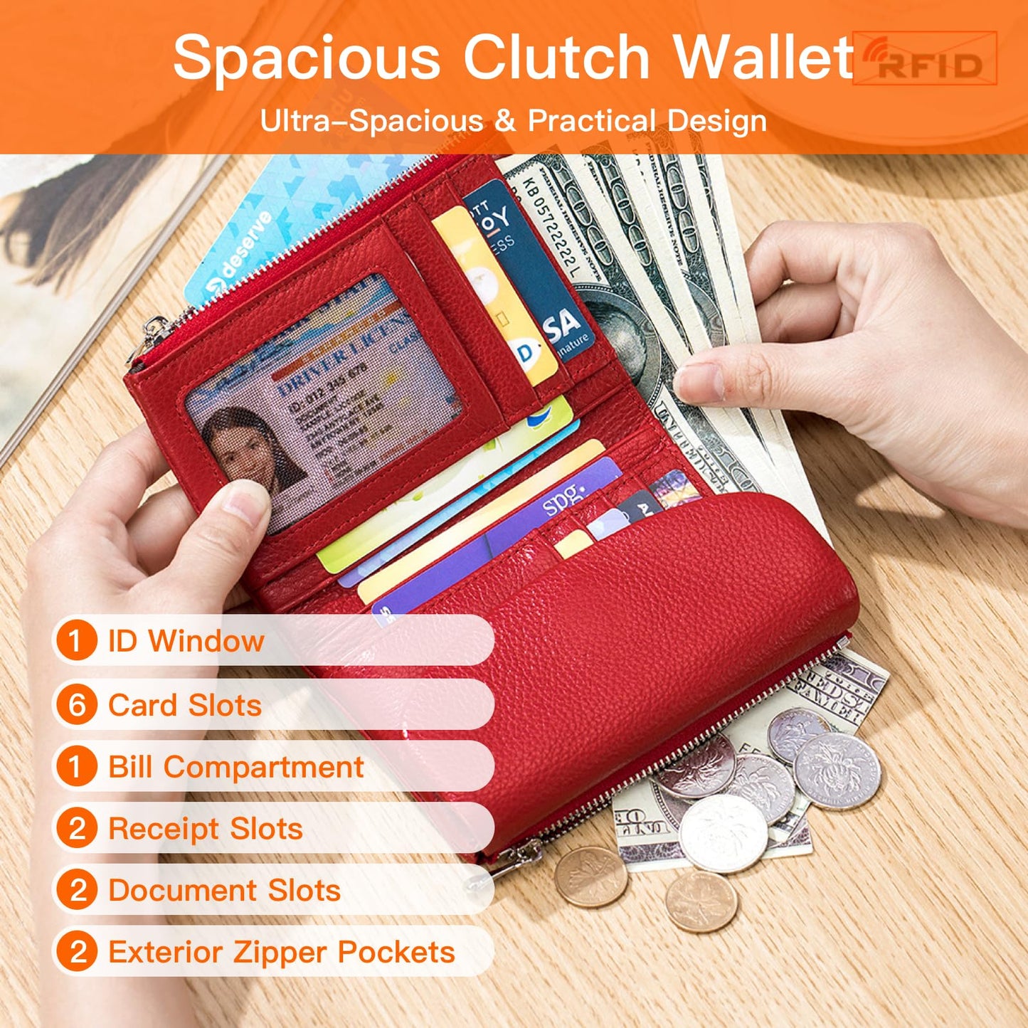 Genuine Leather Wallet for women, RFID Blocking Soft Leather Bifold Compact Card Holder Wallet with Zipper Coin Pocket ID Window (Black)