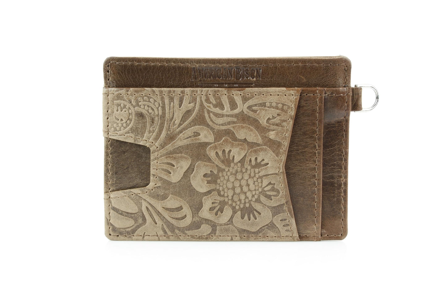 American Bison Embossed Floral Wristlet Wallet for Women – Small ID Card Holder with Credit Card Slots & Pull Tab Organizer – Compact Leather Wrist Strap Clutch (Brown)