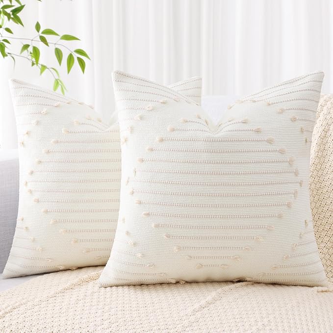 Mecatny Boho Outdoor Throw Pillow Covers 18X18 Set of 2, Farmhouse Decorative Pillow Covers for Couch Sofa Living Room, Beige & Cream White
