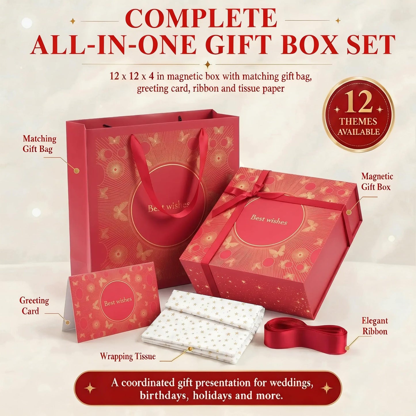 Amalee Gift Box with Lid 12x12x4 Inches, Large Red Magnetic Box Set with Gift Bag, Card, Ribbon & Tissue Paper, No Glue Needed Packaging for Bridesmaid Proposal, Wedding, Birthday Party