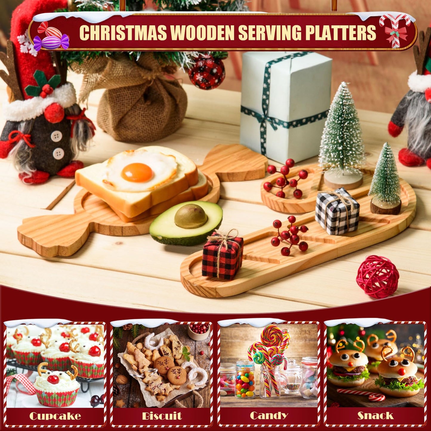 AWIZOM 2 Pcs Christmas Wooden Serving Platters Peppermint Candy and Candy Cane Charcuterie Boards Christmas Wood Trays Decorative Wooden Snack Cheese Dish Plates for Xmas Holiday Housewarming Present