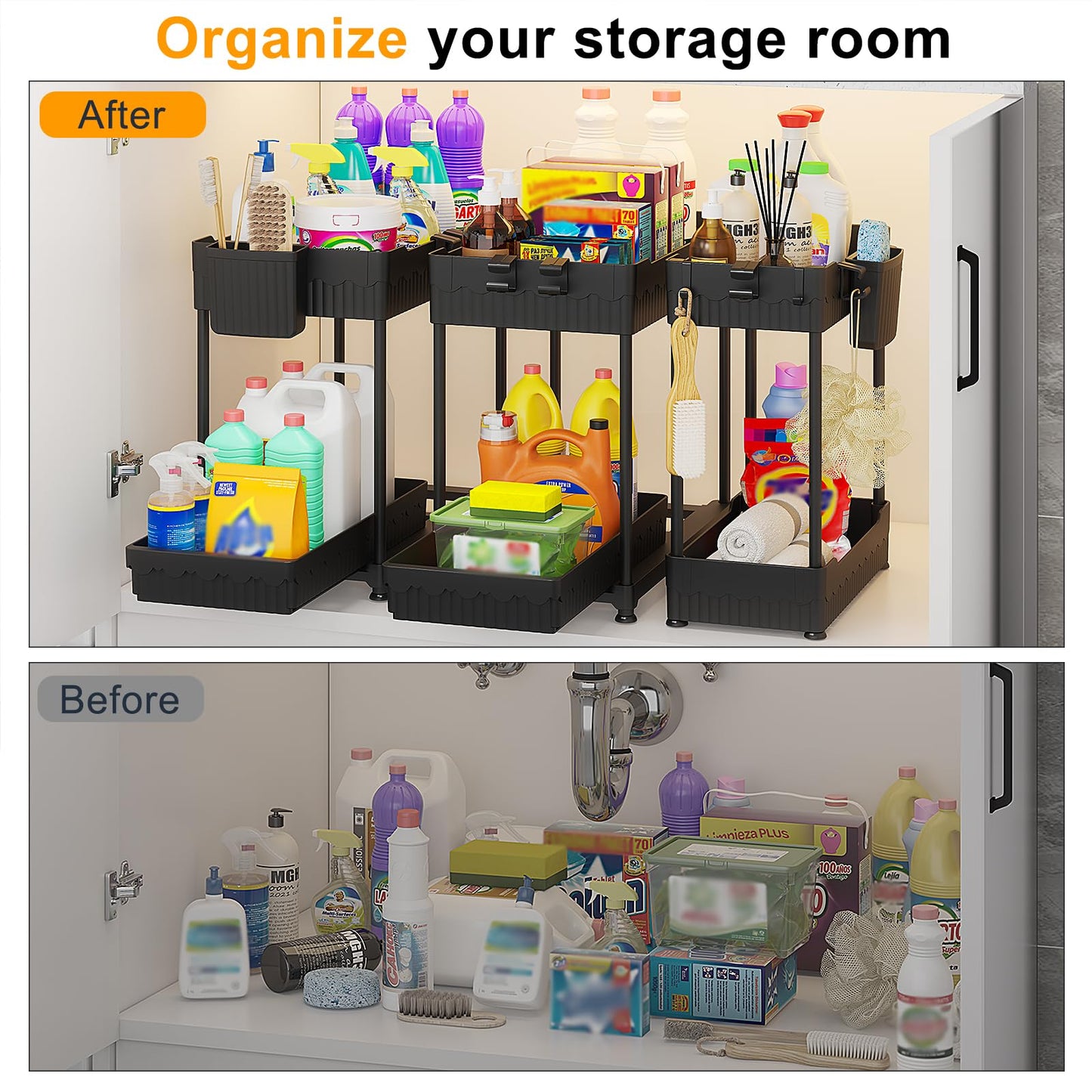 3 Pack Under Sink Organizers, 2-Tier Multi-Use Kitchen and Bathroom Organizers and Storage with Sliding Drawers，Bathroom Cabinet Organizer (Black, 12.8 Inch)