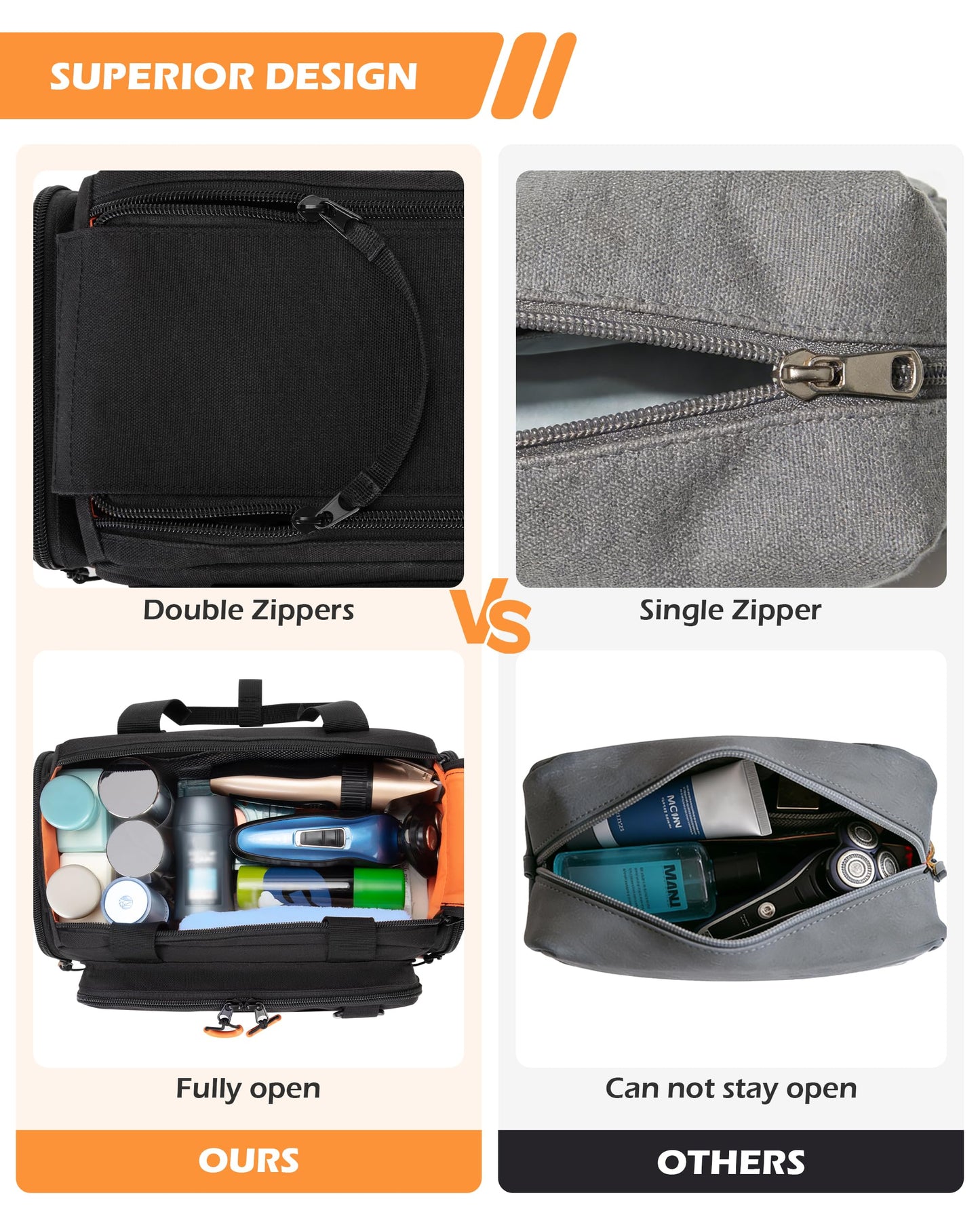 Prokva Tactical Travel Toiletry Bag for Men, Extra Large Dopp Kit Organizer with Dual Way Zippers, Travel Hygiene Bag for Shaving Grooming Bathroom Essentials, Black (Empty Bag)