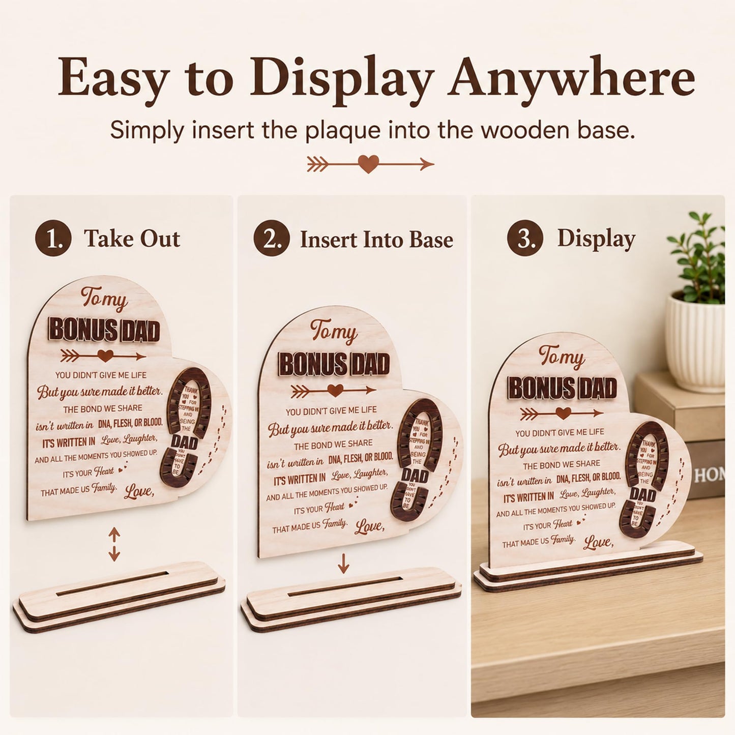 Stepdad Gifts from Stepdaughter Stepson for Fathers Day, Gifts for Step Father Bonus Dad Birthday Christmas Father's Day, Bonus Dad Gift, Stepped up Dad Plaque, To My Bonus Dad Wooden Plaque Sign Desk Decorative Home Decor