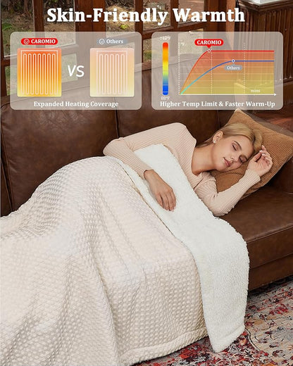 CAROMIO Heated Blanket Twin Size, Waffle Weave Electric Throw Blanket Fast Heating with LCD Controller, 10 Heat Levels & 1-12H Time Settings Auto Off, ETL Certified, Beige, 62" x 84"