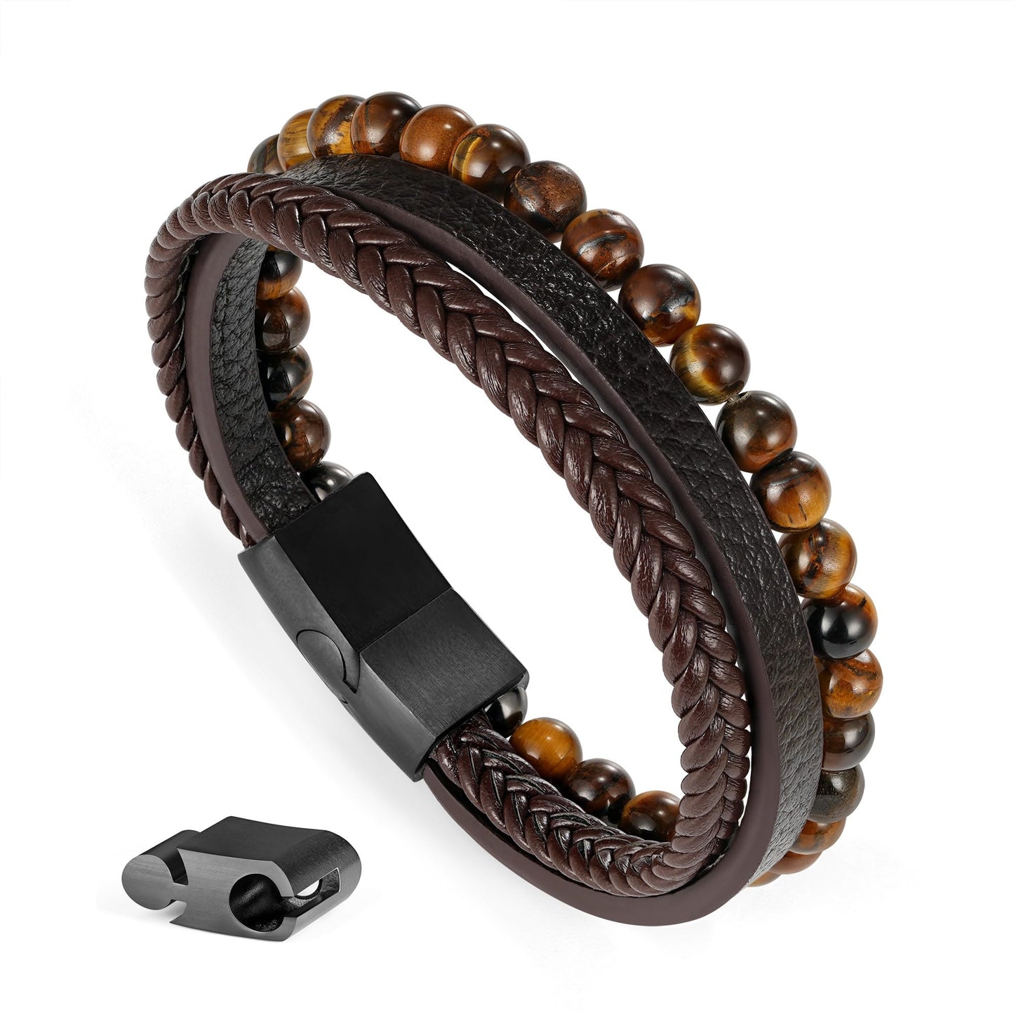 Ailetop Tiger Eye Bracelet Men - Mens Bracelets Beads Adjustable Braided Leather Bracelet for Men Brown Leather Mens Beaded Bracelets Men's Jewelry Birthday Gifts for Dad Husband Son