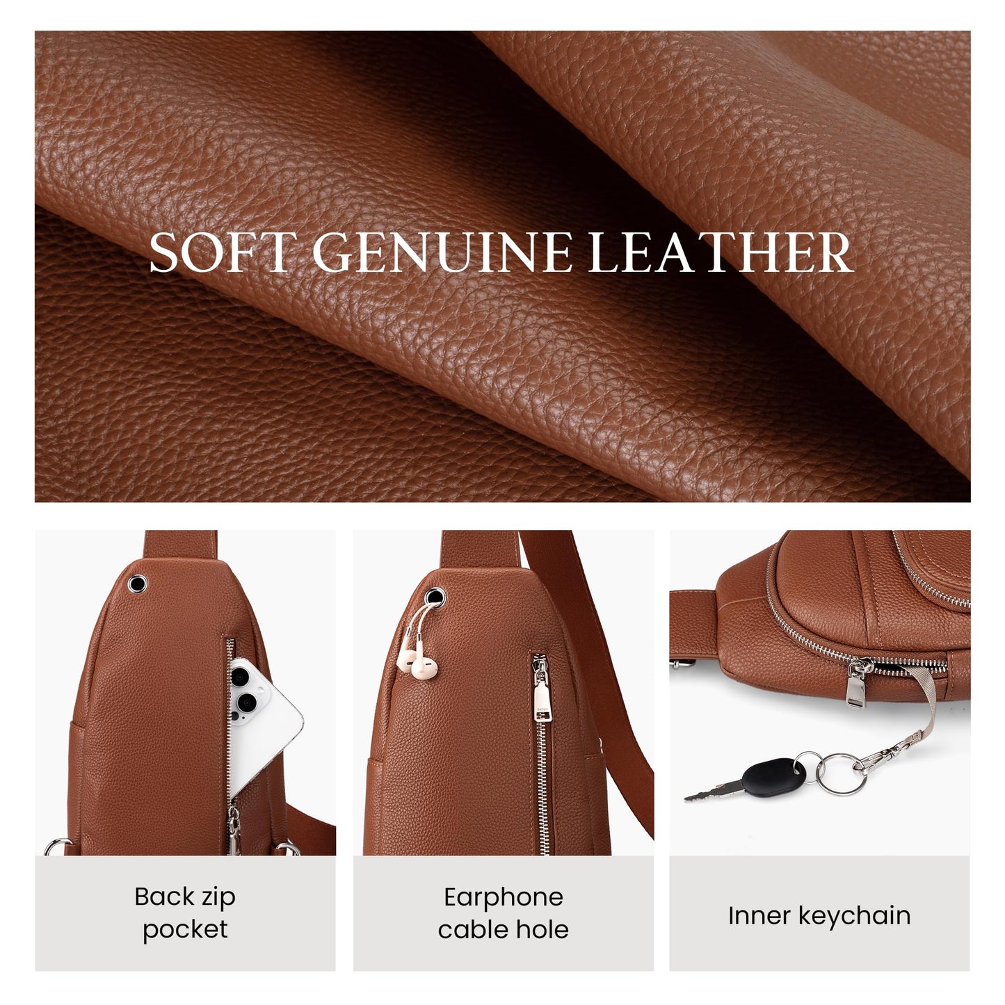 befen Real Leather Small Sling Bags for Women, Womens Anti-Theft Crossbody Bag Purses Chest Bags Purse with Built in RFID Wallet for Travel Cognac Brown