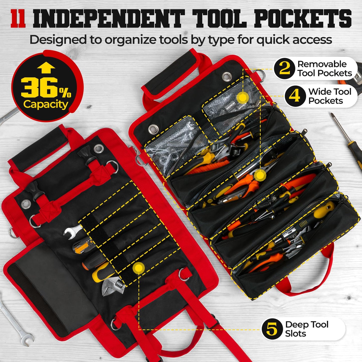 ZICANYCO Roll Up Tool Bag, Heavy Duty See-Through Tool Roll Organizer with 2 Detachable Pouches, Portable Mechanic & Motorcycle Tool Bag, Birthday & Father’s Day Gift, Red