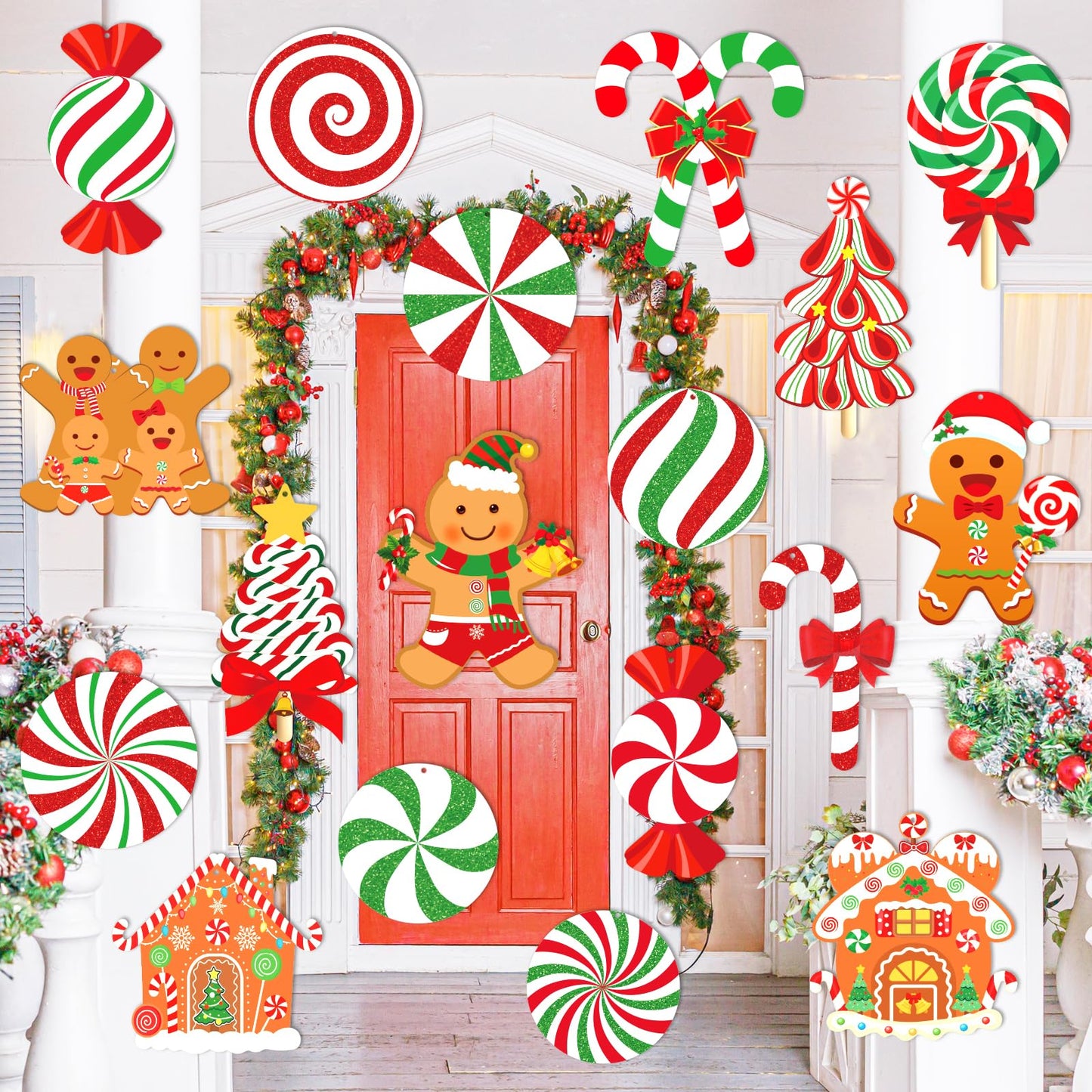 18pcs Large Candy Gingerbread Christmas Decorations Outdoor Hanging Yard Candy Gingerbread Men House Christmas Ornaments Thick Plastic for Yard Porch Christmas Tree Decorations