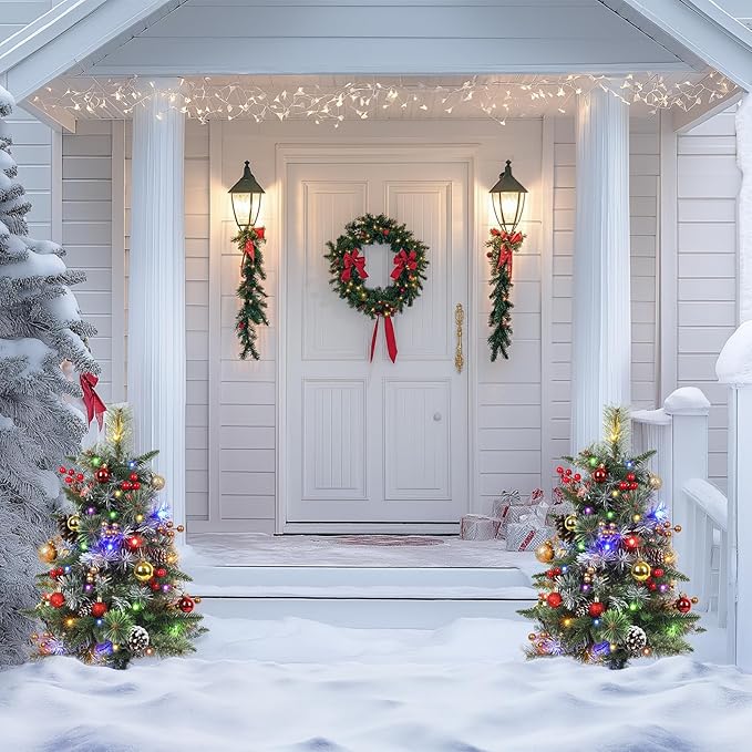 Set of 2 Outdoor Pathway Christmas Trees with Lights, Frosted Twinkle Small Easy Christmas Tree for Driveway, Entrance, Urn & Pot Filler, Front Porch, Yard, Garden Outside Holiday Decoration