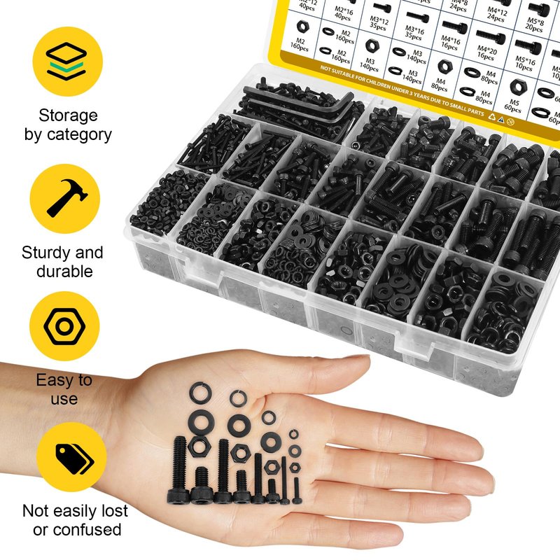 Fgruh 1760PCS Metric Screw Assortment Kit,M2 M3 M4 M5 Screws Set, Hex Socket Head Cap Bolts Nuts and Washers Kit for 3D Printing DIY, Grade 12.9 Alloy Steel, Black Zinc Plated