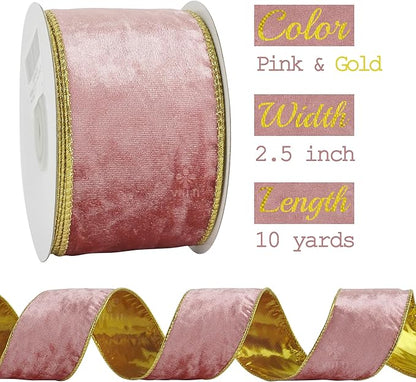 MEEDEE Pink and Gold Velvet Ribbon 2.5 inch Thick Velvet Wired Edge 10 Yards Two Tone Ribbon for Christmas Tree, Gift Wrapping, Wreaths, Large Bows, Crafts Supply