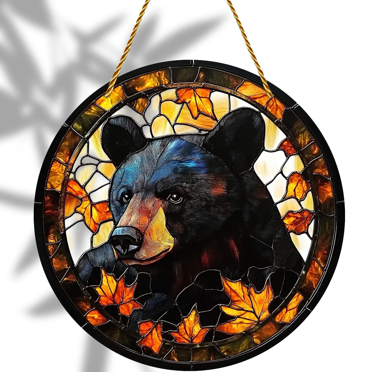 8x8 inch Charming Black Bear Autumn Acrylic Stained Glass Window Hanging Sun Catcher Decor Stained Panel Hangings Wall Art Decor, for Friends and Family (Black Bear)