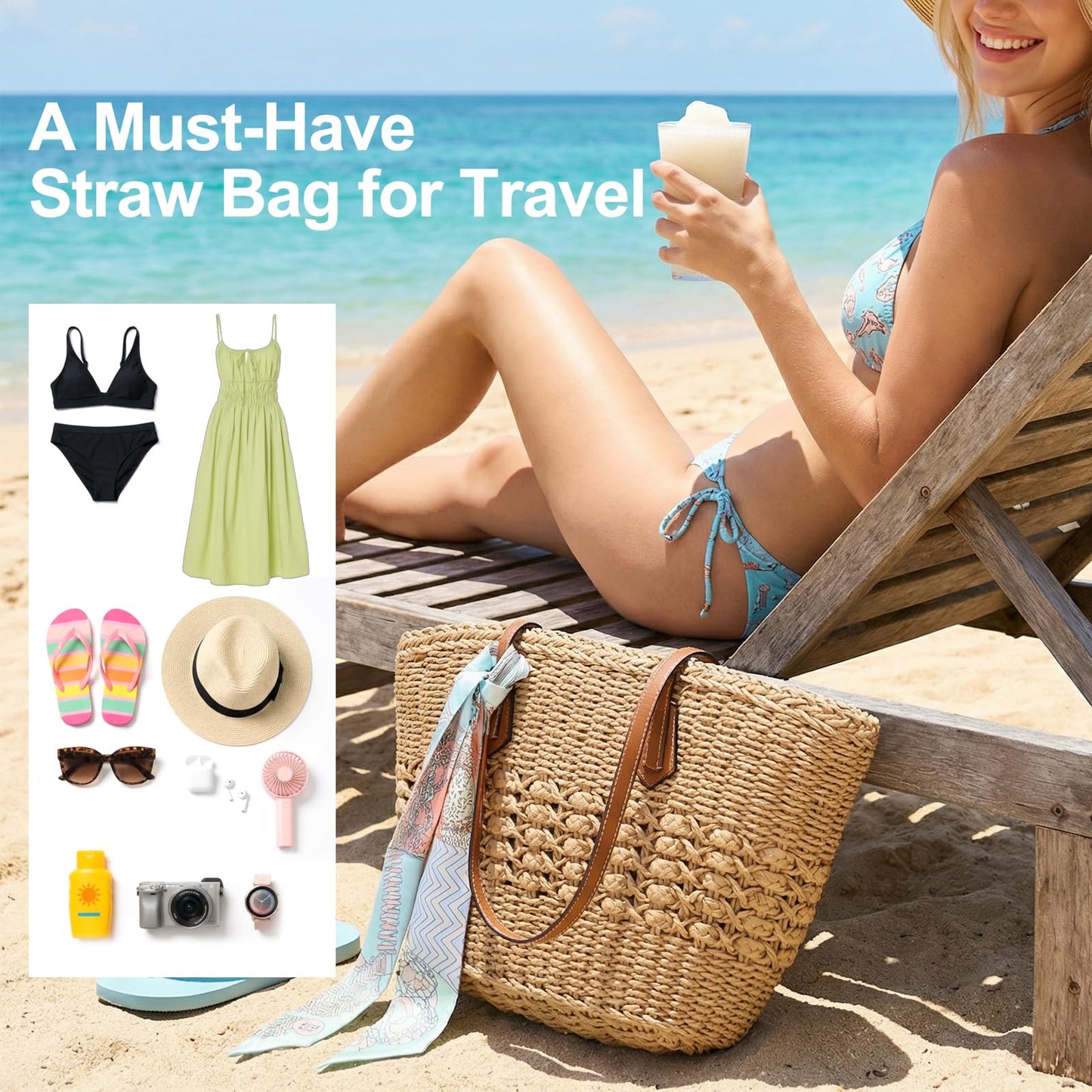 Aodse Beach Bags for Women, Summer Straw Beach Bag with Zipper Pocket, Durable Straw Tote Bag Shoulder Handbags for Beach, Travel, Vacation, Shopping （Khaki）