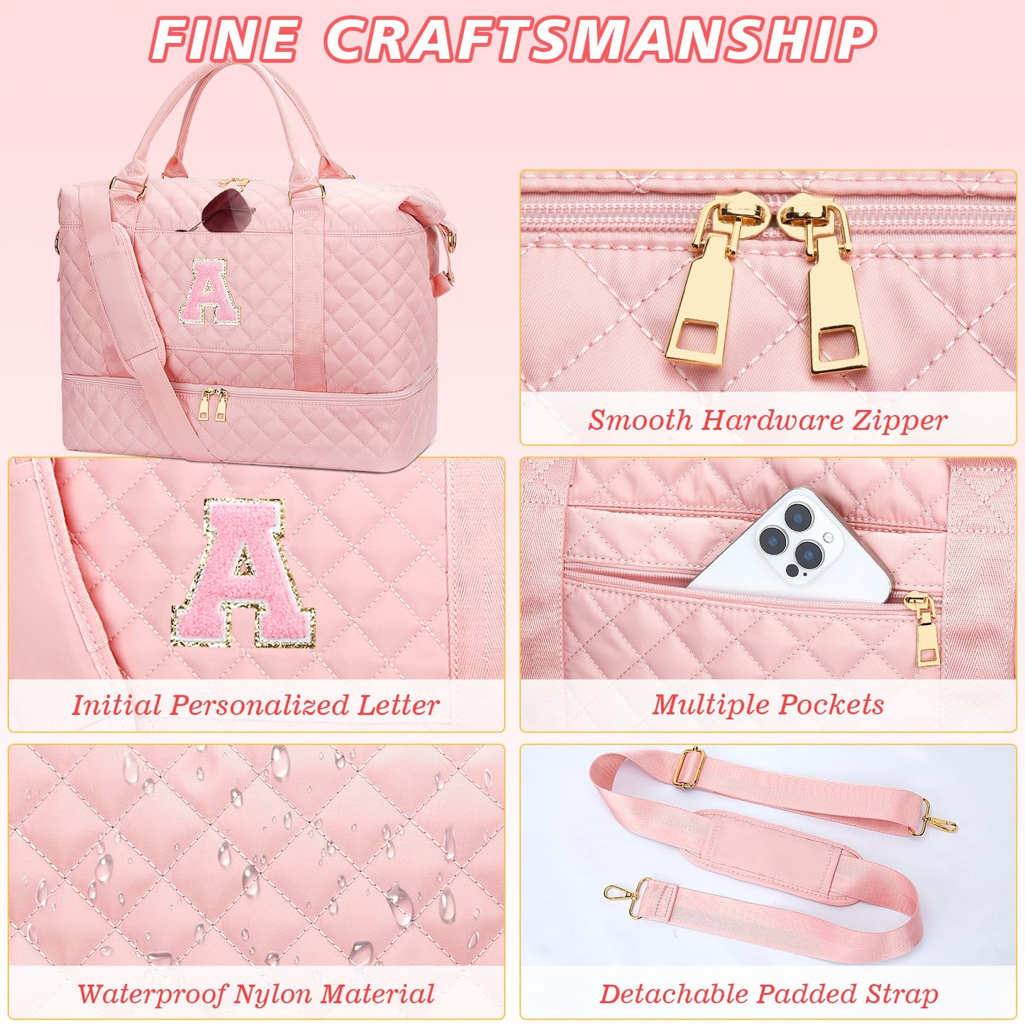 CLOUDWINGS Graduation Gift for Her Women Gift-Birthday Gifts Initial Travel Duffle Bag Quilted Weekender Carry-On Overnight with Cosmetic Bag, Gym Bag with Shoe Compartment Personalized Bag, Pink A