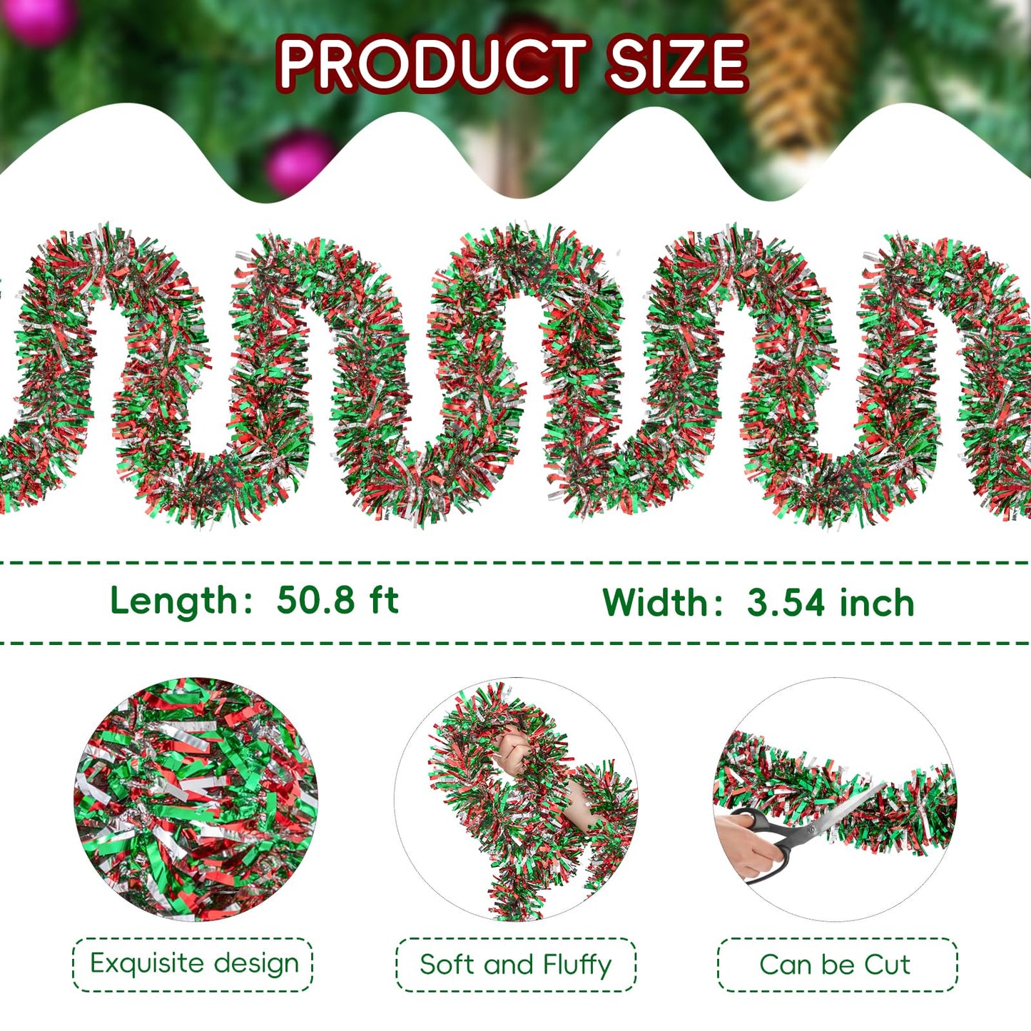 50.8 FT Christmas Tinsel Garland, Red Green Silver Metallic Twist Foil Tinsel Garland Glitter Xmas Hanging Decoration for Christmas Tree Wedding Birthday Home Party Decoration (Red Green Silver)