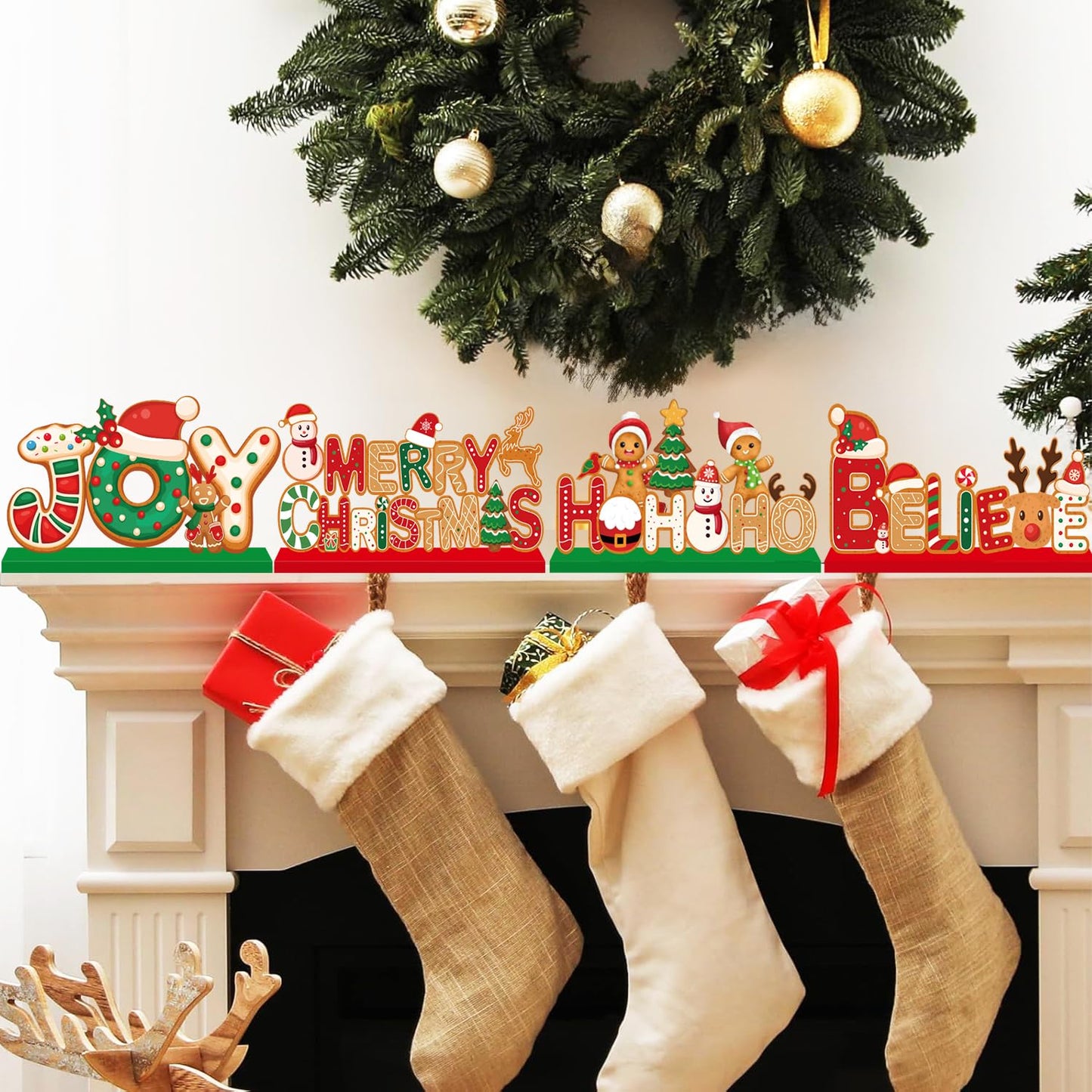 4pcs Gingerbread Christmas Decorations Wooden Table Centerpieces Gingerbread Merry Christmas Table Decorations for Winter Holiday Xmas Home Tabletop Decor
