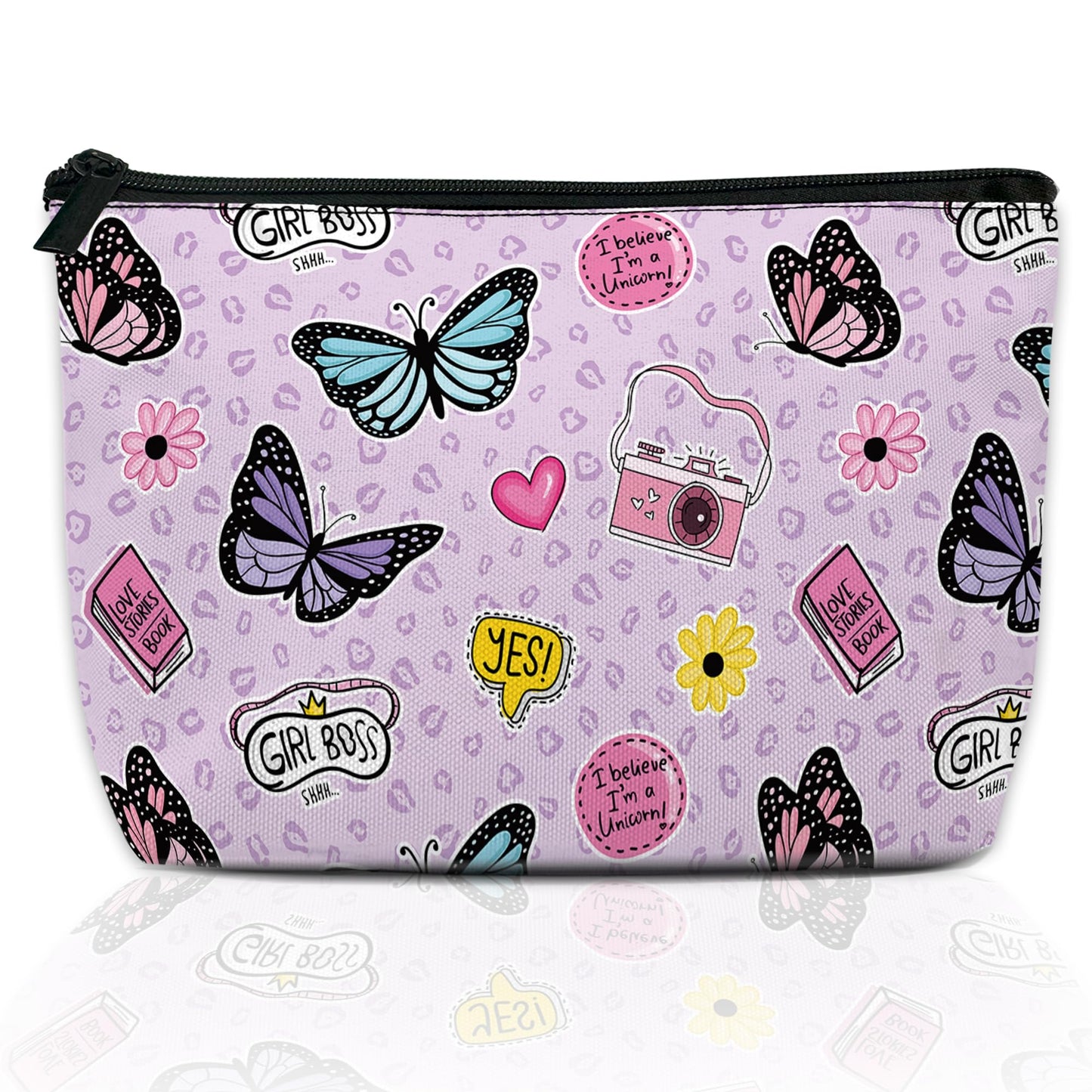 DEMACYA Makeup Bag for Purse, Waterproof Funny Cute Cartoon Butterflies Cosmetic Bag for Women, Zipper Travel Toiletry Pouch Gift 9.5×5.9 Inch