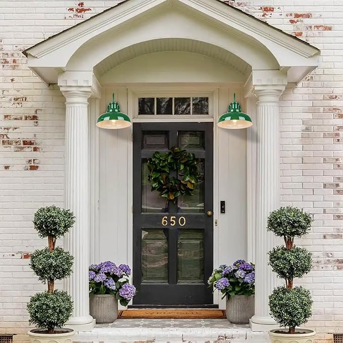 Outdoor Gooseneck Barn Lights - Rustic Farmhouse Exterior Mount Lights, Vintage Indoor/Outdoor Wall Lighting Fixtures, Industrial Green White Porch & Garage Lanterns - RZ007-2 GR+WH