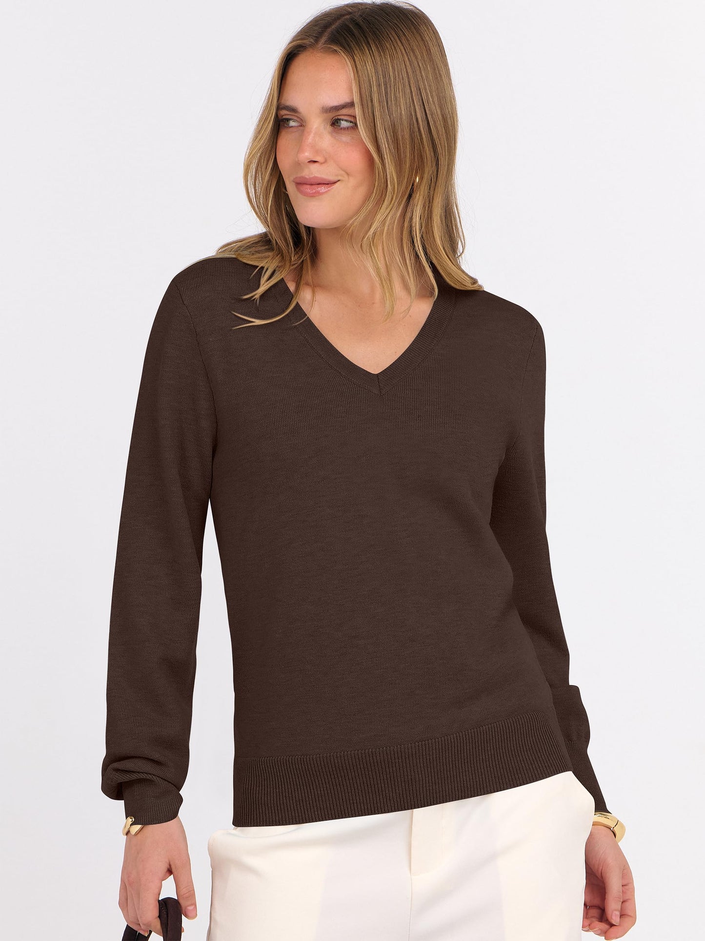 ANRABESS Womens Long Sleeve V Neck Sweaters 2025 Fall Casual Classic Soft Loose Fit Basic Pullover Jumper Top