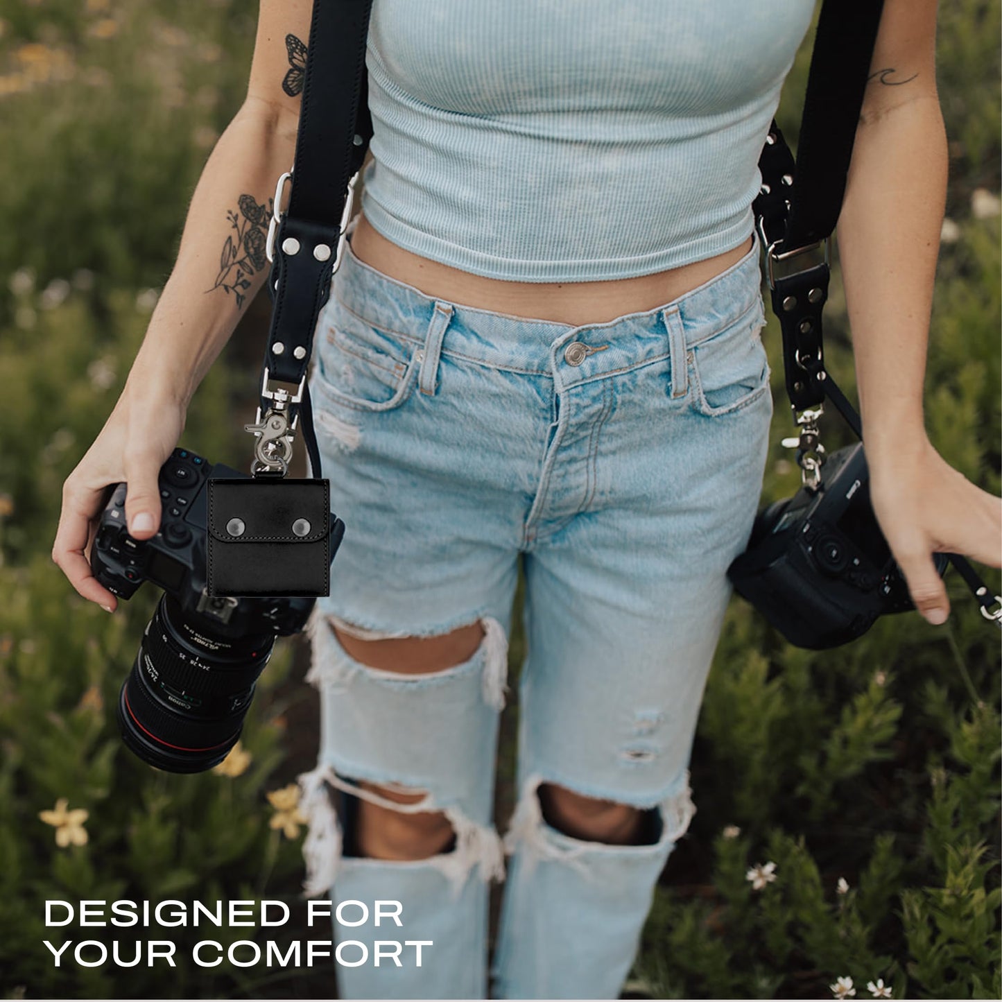C Coiro Extra Attachments Single and Dual Camera Harness for Camera Bag, Sling Bag, Pouch, Lens Case Perfect Photography Accessories for Leather Camera Strap, Black