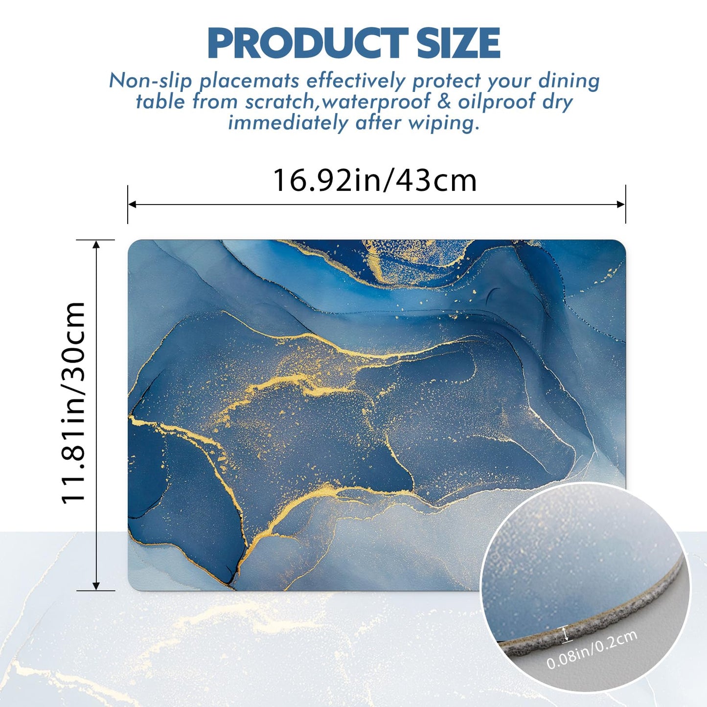 Aimego Marble Placemats Set of 4 - Blue and Gold Faux Leather Table Place Mats Set Wipe Clean Waterproof Heat Resistant Anti Slip Washable Placemat for Indoor Outdoor Kitchen Dining Table, 17" x 12"