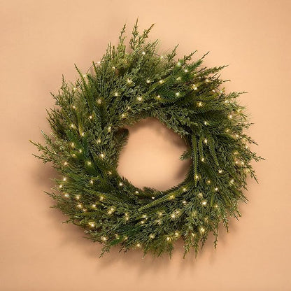 LampLust Winter Wreaths for Front Door Outside, 24 Inch Alpine Fir, Hemlock & Cypress Evergreen Wreath, 100 LED Lights, Battery Powered, Timer, Farmhouse Wreath Year Round, Winter Wreaths for Indoors